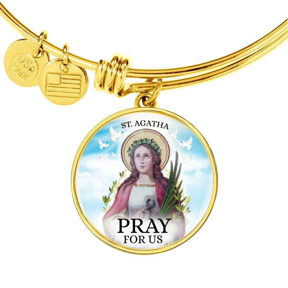 Catholic Saint Agatha Personalized Engraved Gold Circle Bangle Bracelet Custom